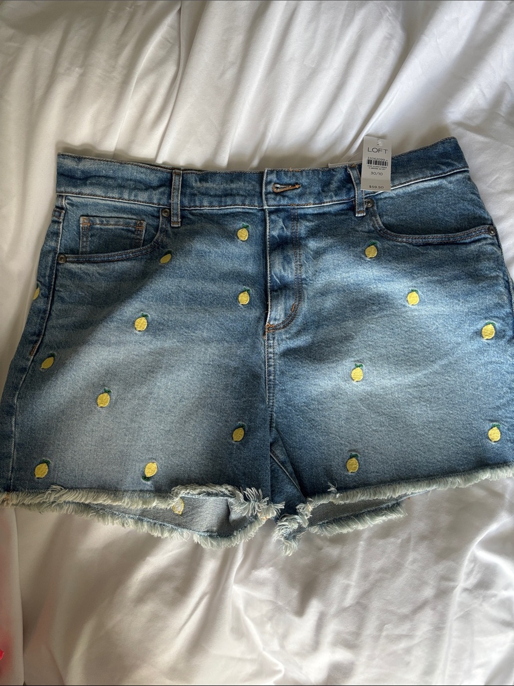 LOFT Blue Denim Jean Shorts with Yellow Lemon Embroidery